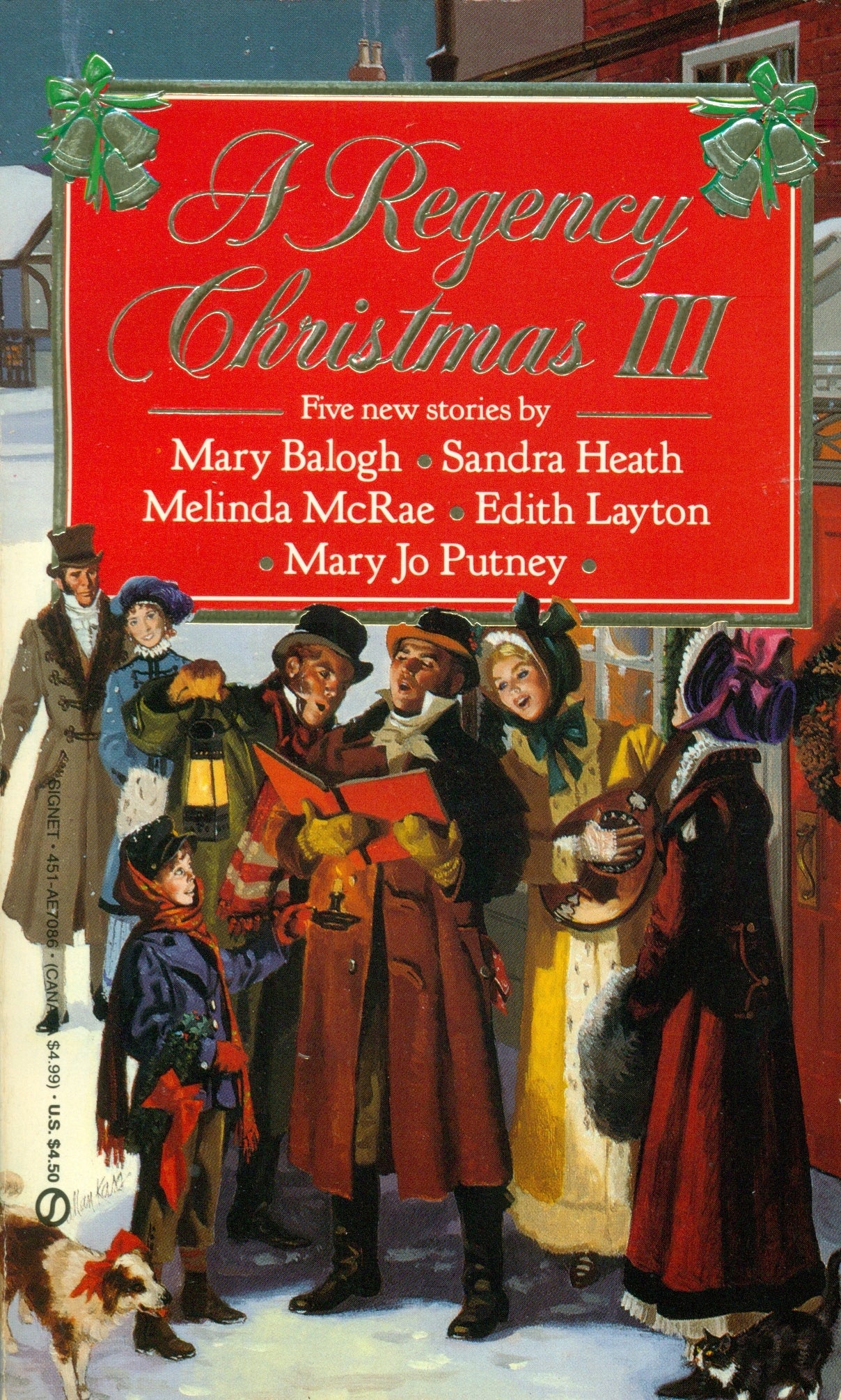 Book cover of 'A Regency Christmas III' with characters in period costumes against a red background.