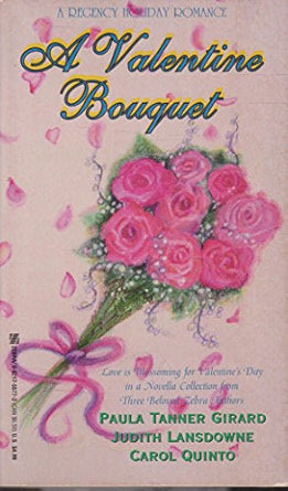 Book cover of 'A Valentine Bouquet' with pink roses and a bow on a light pink background.