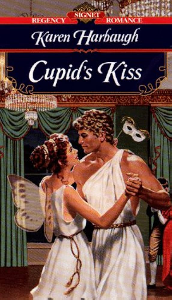 Book cover of 'Cupid's Kiss' by Karen Harbaugh with a couple embracing on stage.