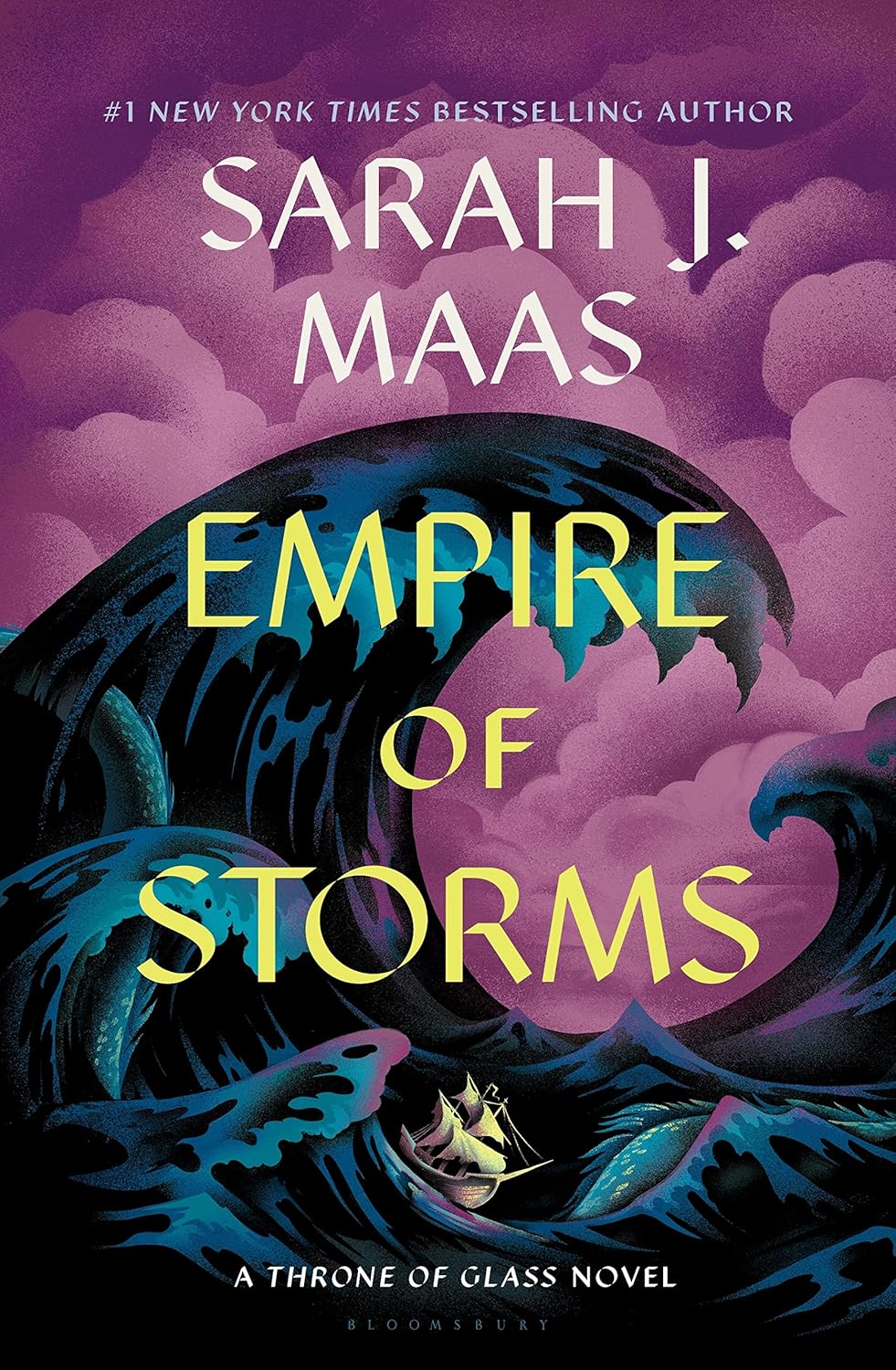 Book cover of 'Empire of Storms' by Sarah J. Maas with purple and blue design.