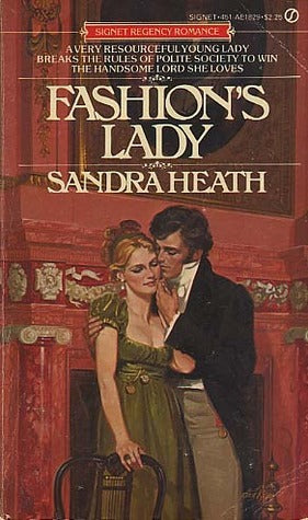 Book cover of 'Fashion's Lady' by Sandra Heath featuring a couple in an elegant setting.