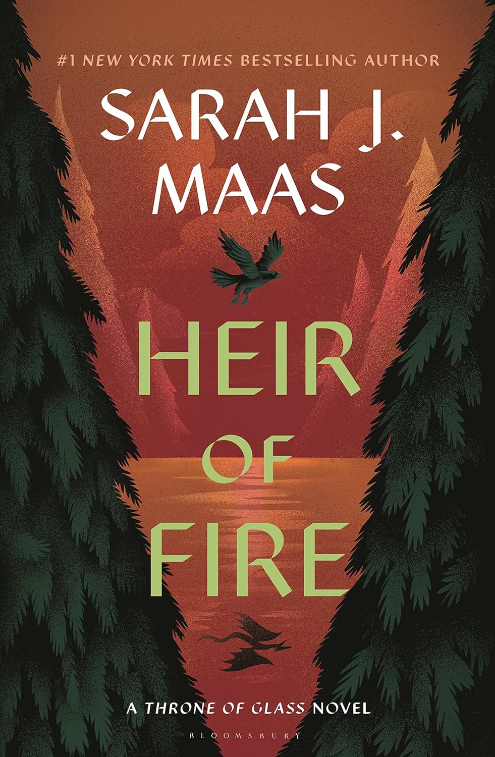 Book cover of 'Heir of Fire' by Sarah J. Maas with a forest and lake design.
