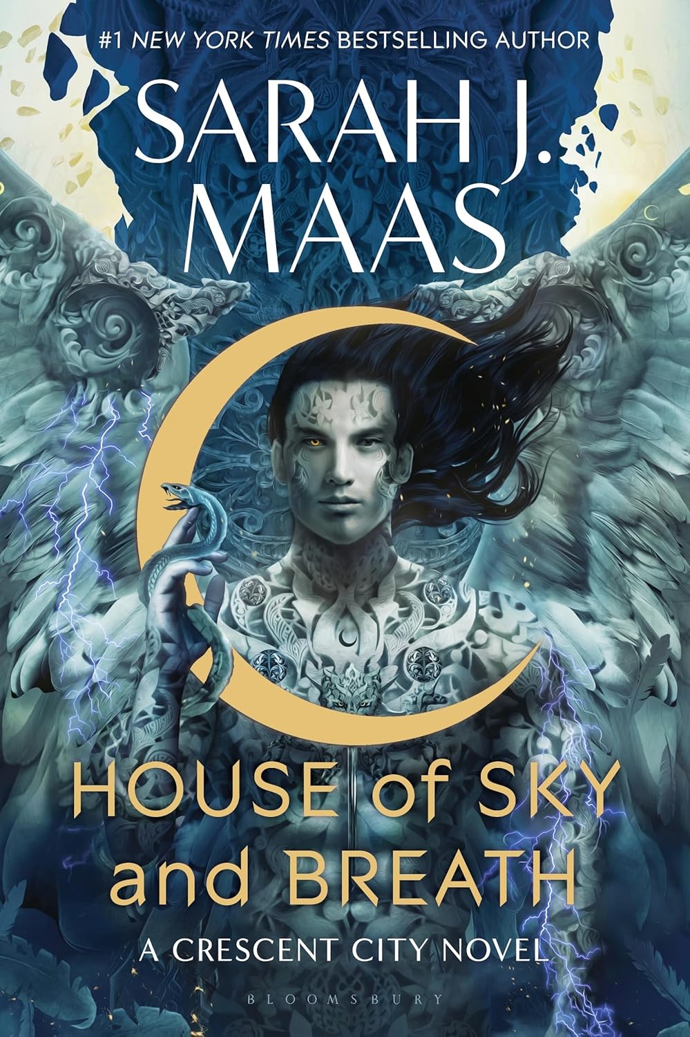 Book cover of 'House of Sky and Breath' by Sarah J. Maas featuring a character with wings and mystical elements.