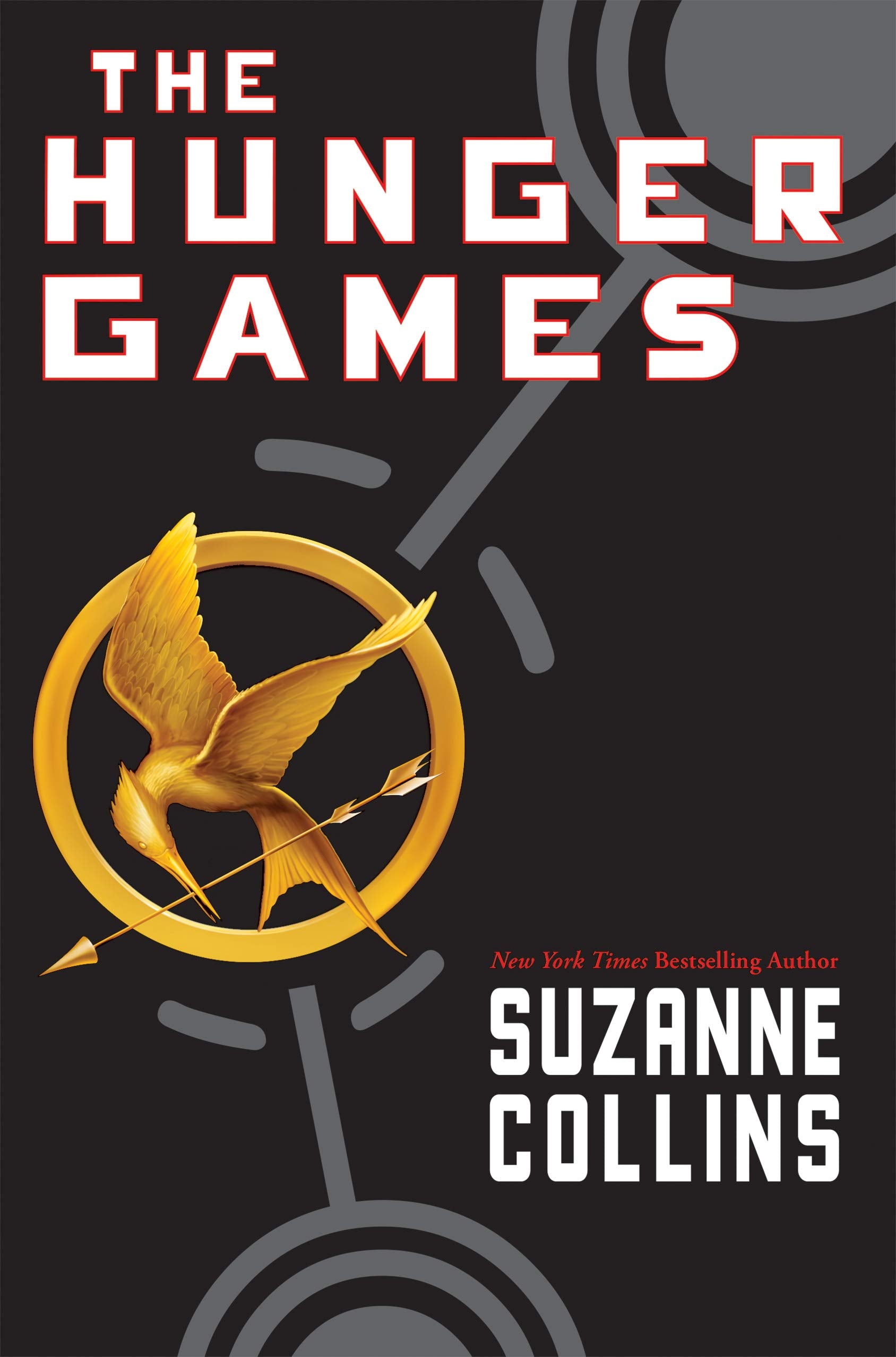 Book cover of 'The Hunger Games' by Suzanne Collins with a black background and gold emblem.