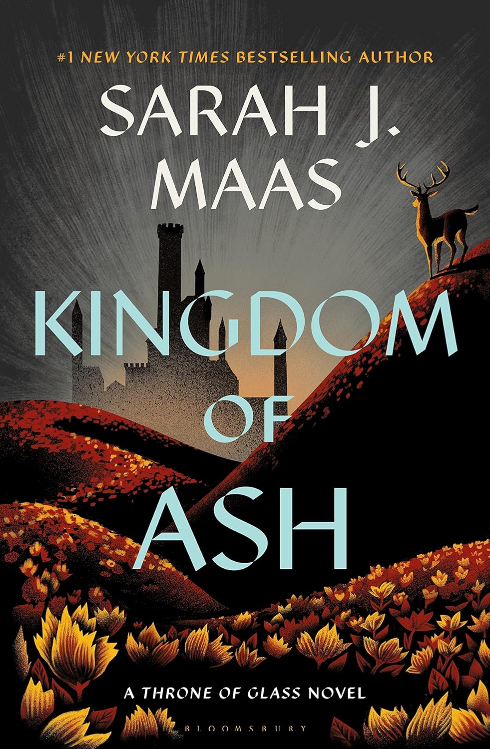 Book cover of 'Kingdom of Ash' by Sarah J. Maas with a deer and castle silhouette.