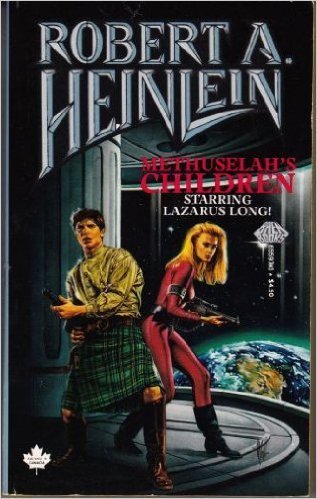 Book cover of 'Methuselah's Children' by Robert A. Heinlein featuring two characters and a spaceship.