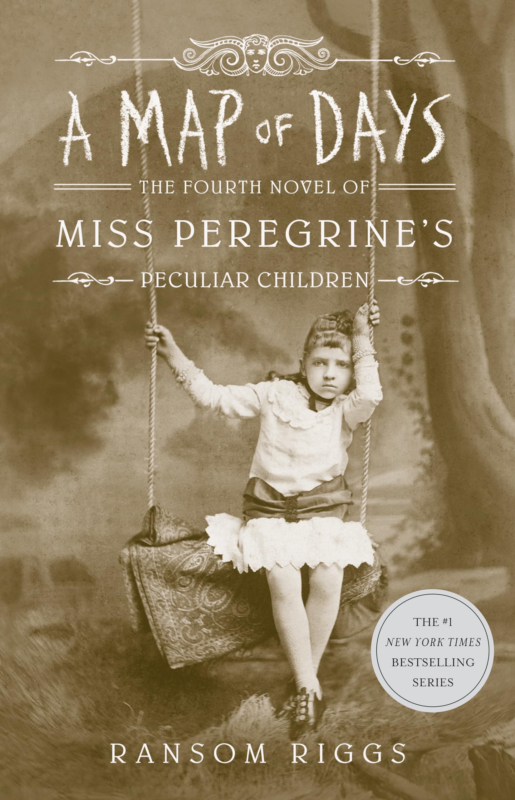 Book cover of 'A Map of Days' from 'Miss Peregrine's Peculiar Children' series with a young girl on a swing.