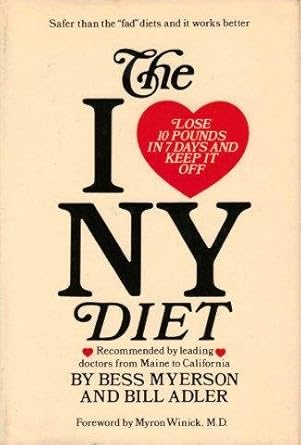Book cover of 'The I Love NY Diet' with text and a red heart on a beige background.