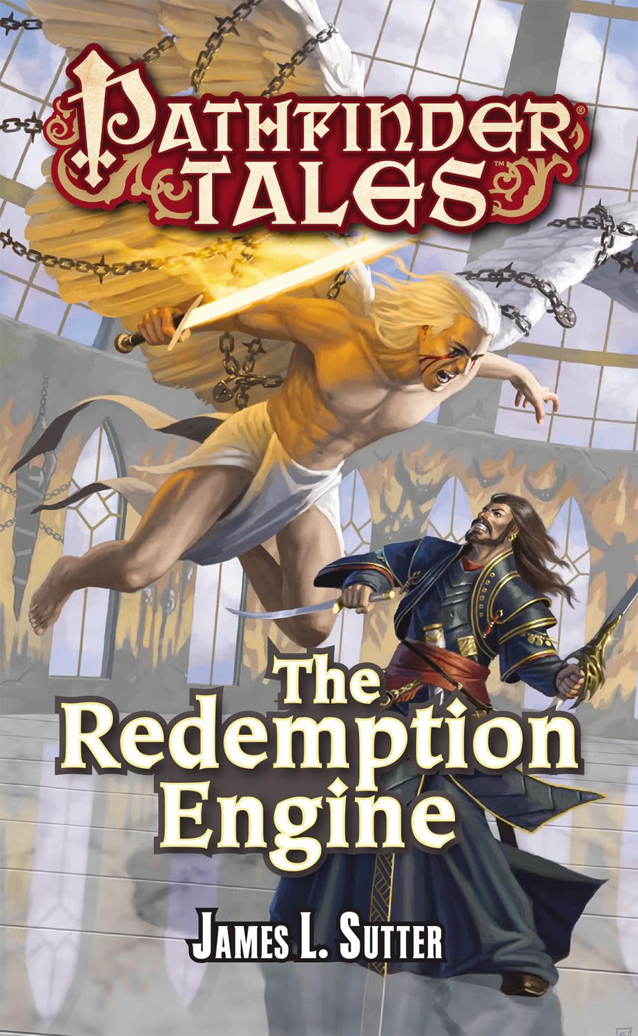 Book cover of 'The Redemption Engine' by James L. Sutter featuring an angel and a warrior in a cathedral.