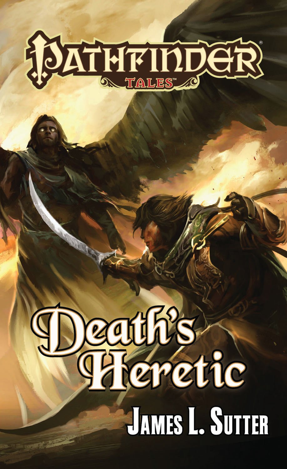 Book cover of 'Death's Heretic' from Pathfinder Tales series with two characters facing each other.