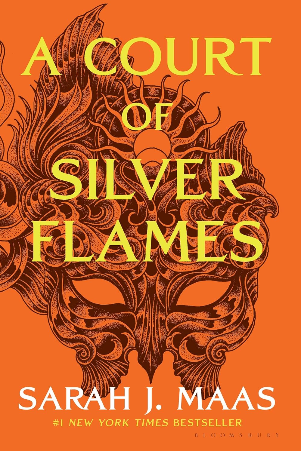 Book cover of 'A Court of Silver Flames' by Sarah J. Maas with intricate design and orange background.