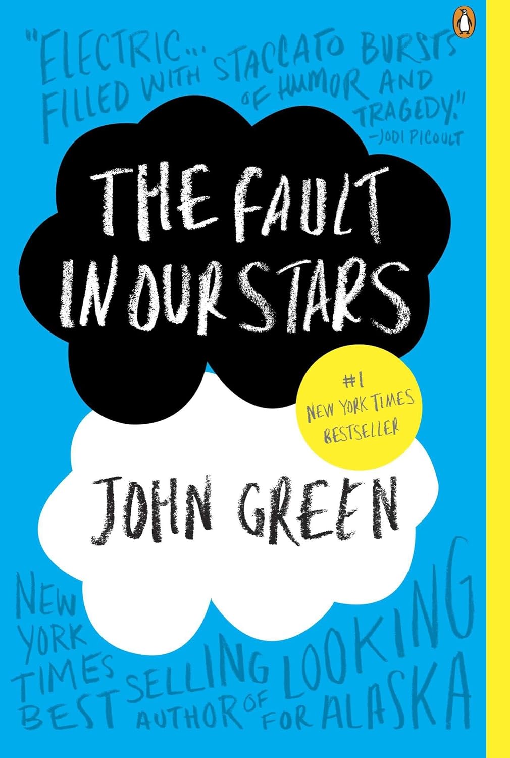 Book cover of 'The Fault in Our Stars' by John Green with a blue, yellow, and black design.