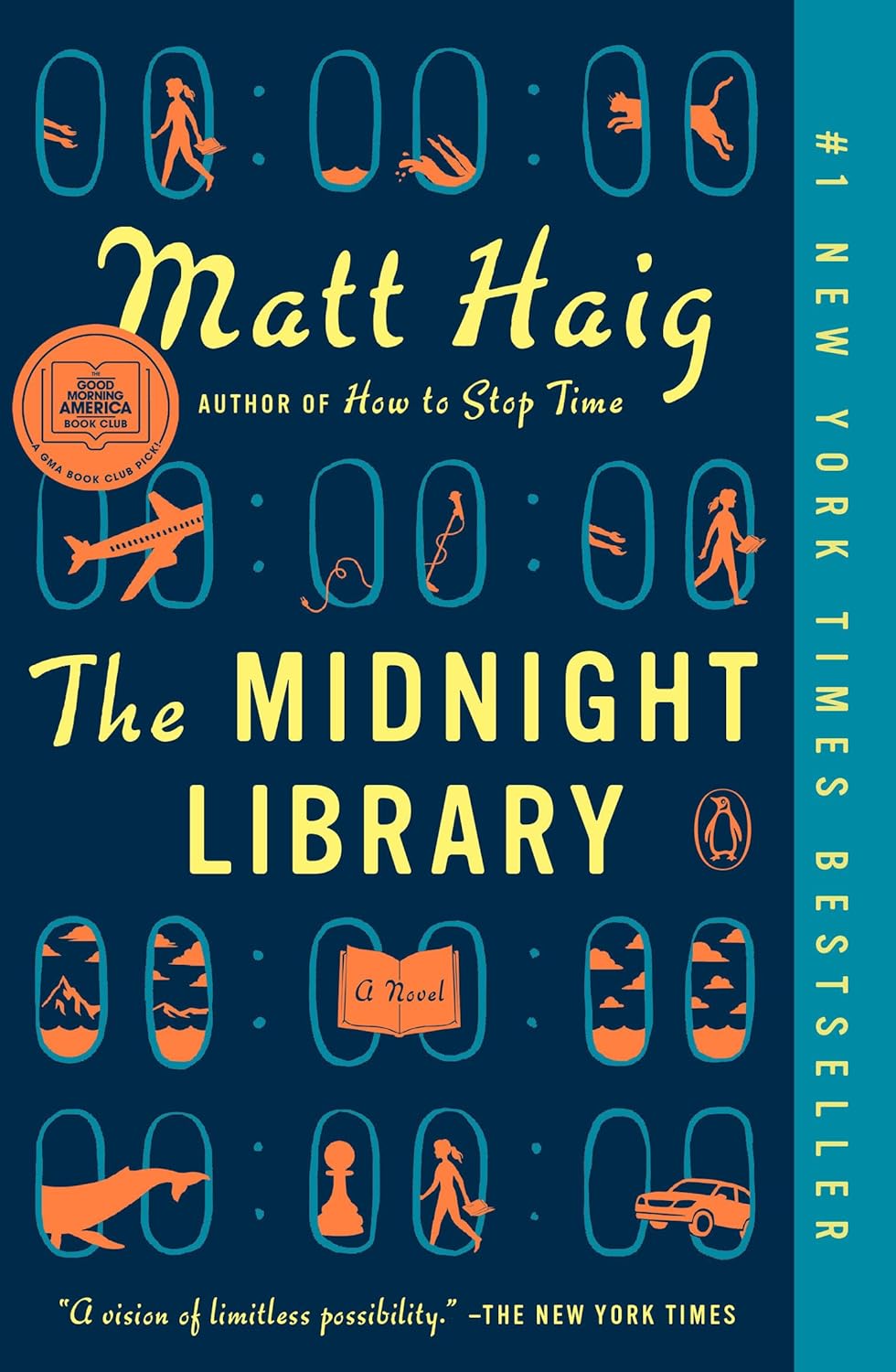 Book cover of 'The Midnight Library' by Matt Haig with blue and orange design.