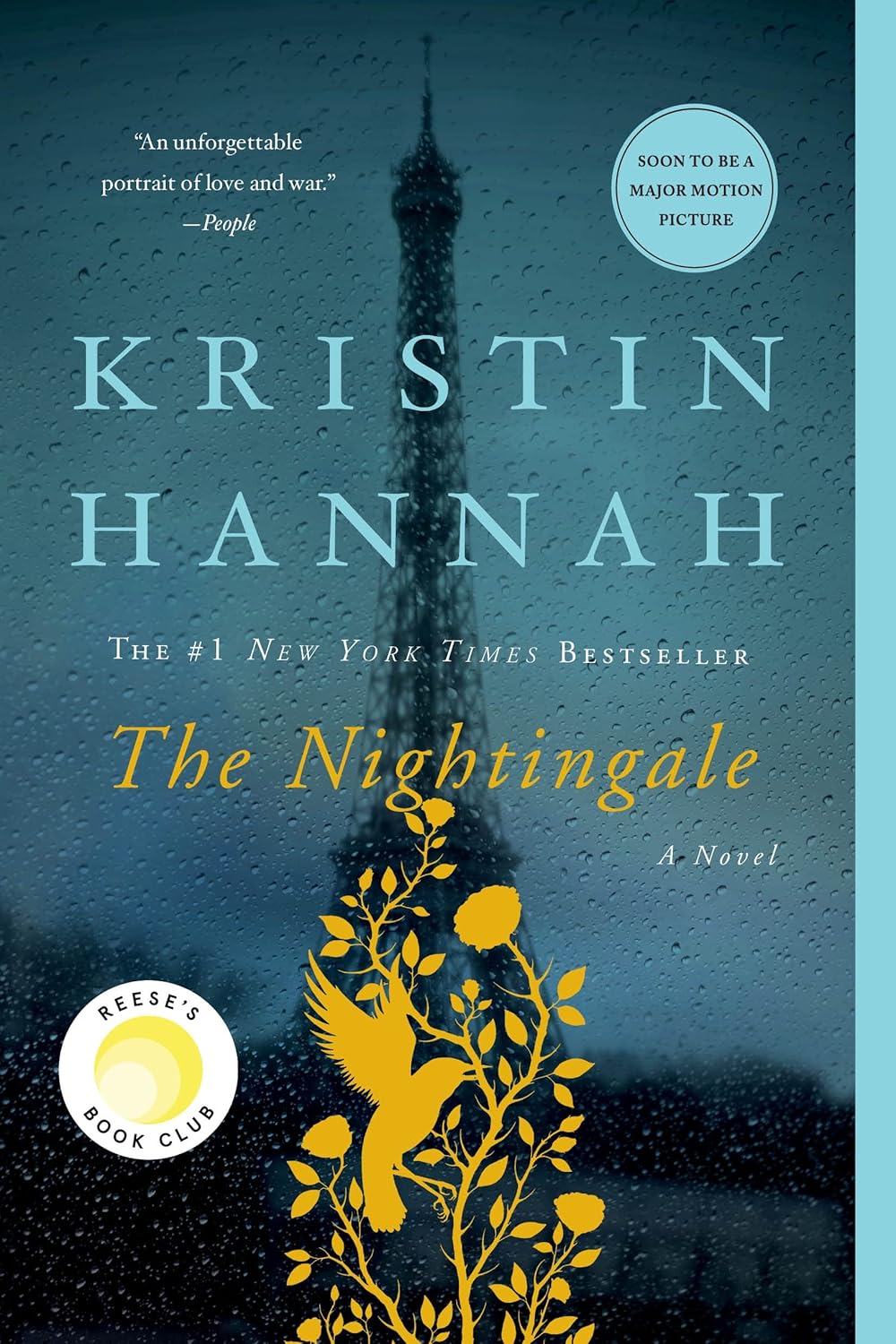 Book cover of 'The Nightingale' by Kristin Hannah with a silhouette of a tower and bird.
