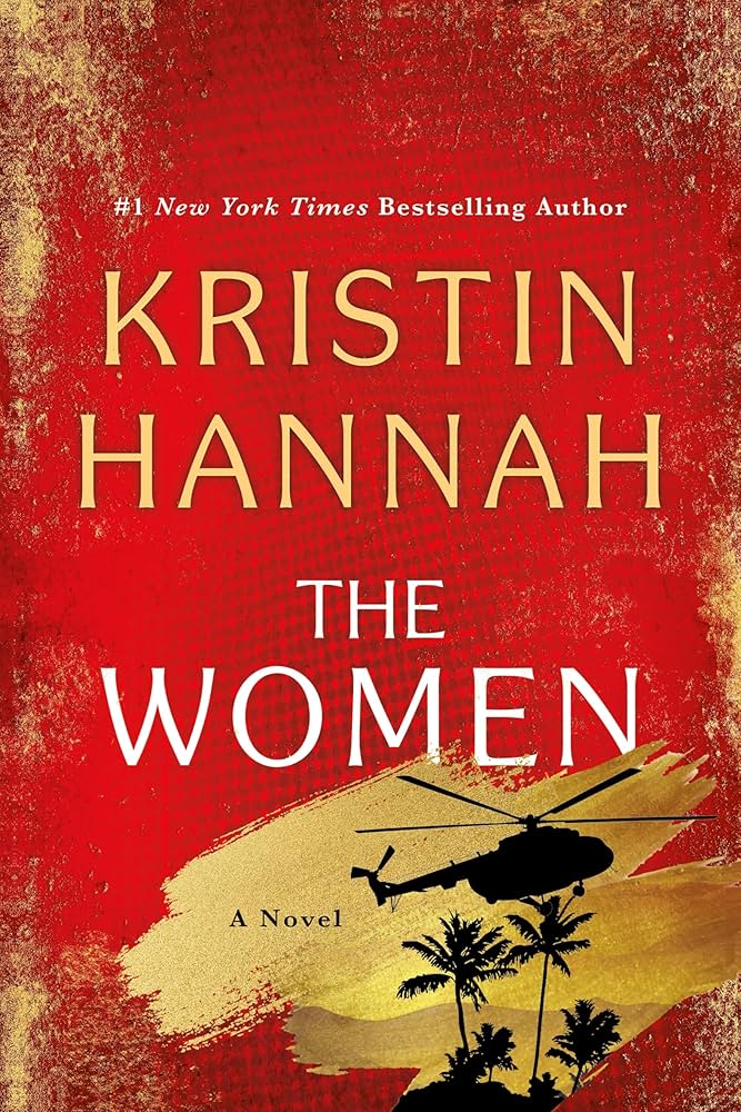 Book cover of 'The Women' by Kristin Hannah with a red background, helicopter, and palm trees.