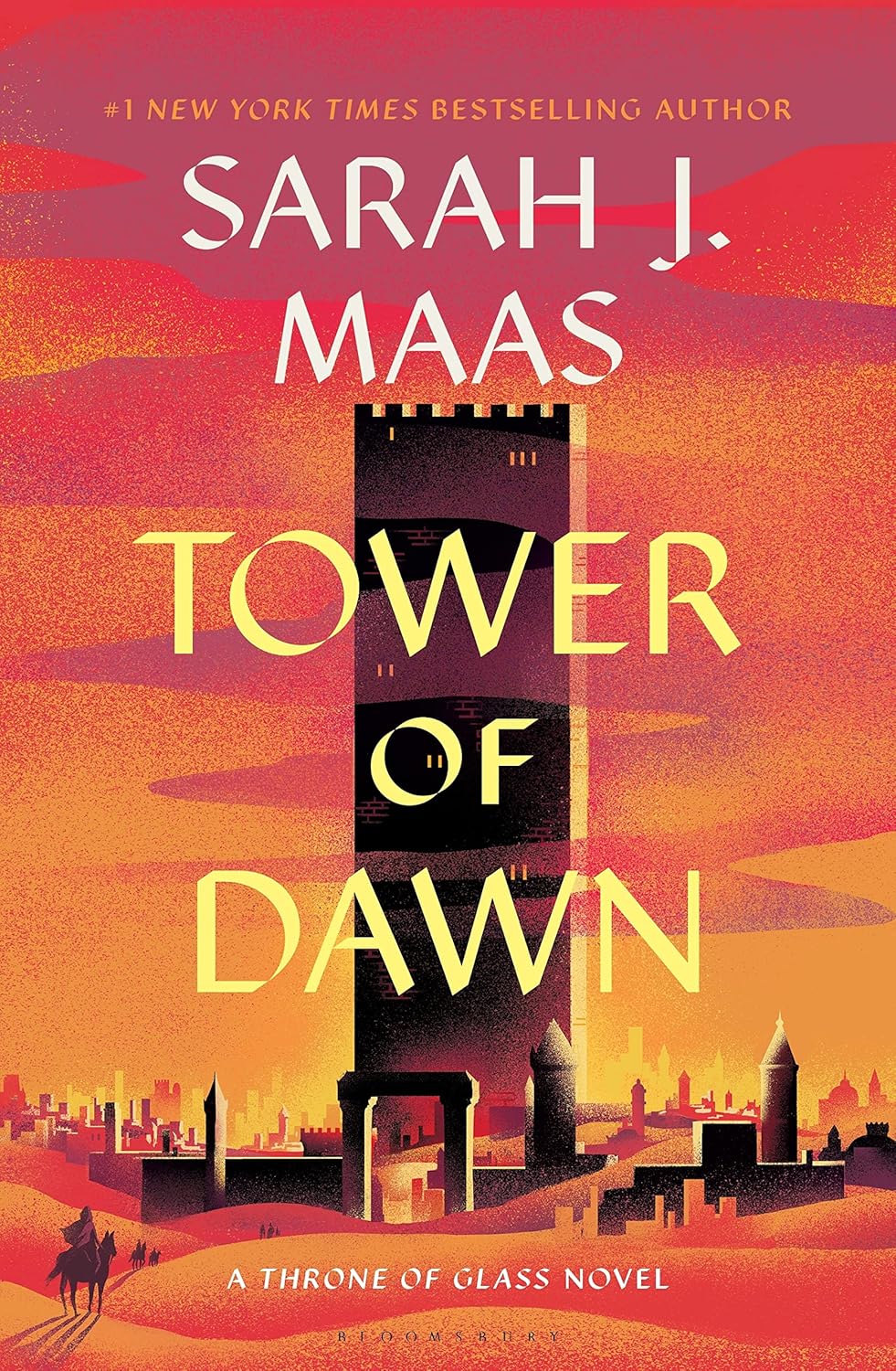 Book cover of 'Tower of Dawn' by Sarah J. Maas with a castle illustration against an orange and red sky.