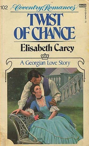 Book cover of 'Twist of Chance' by Elisabeth Carey featuring a couple in an outdoor setting.