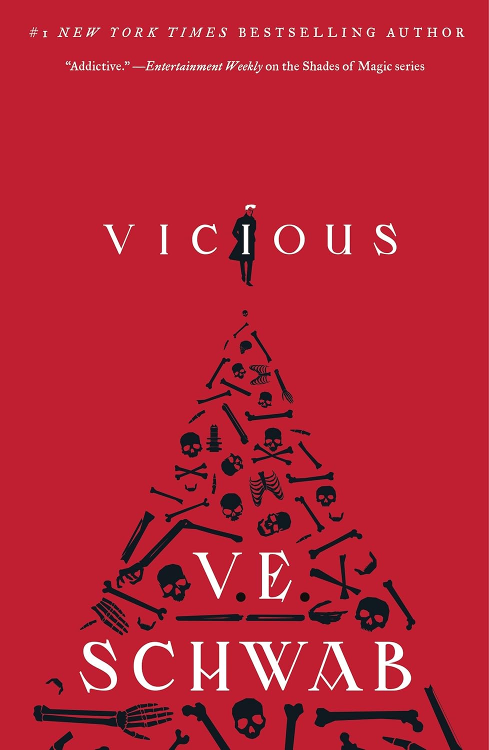 Book cover of 'Vicious' by V.E. Schwab with a red background and black illustrations.