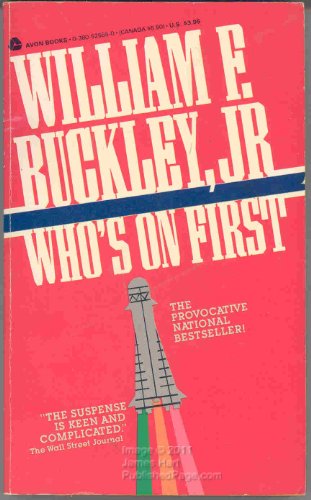Book cover of 'Who's on First' by William F. Buckley, Jr. with a red background and lighthouse illustration.