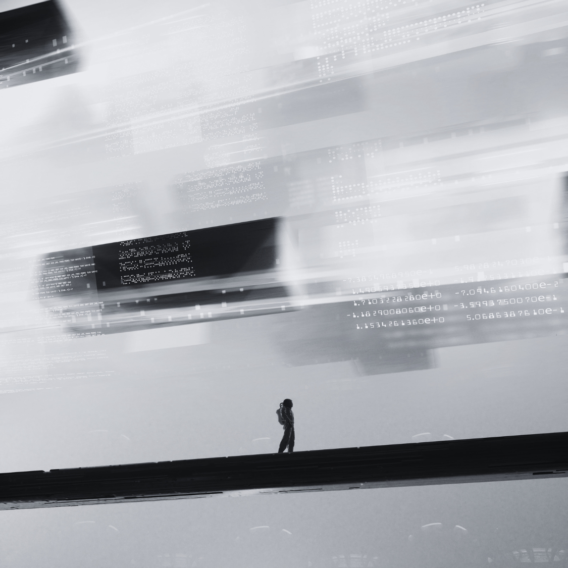 Futuristic scene with a lone figure walking on a sleek platform surrounded by glowing digital data streams, representing science fiction books and cyberpunk worlds.