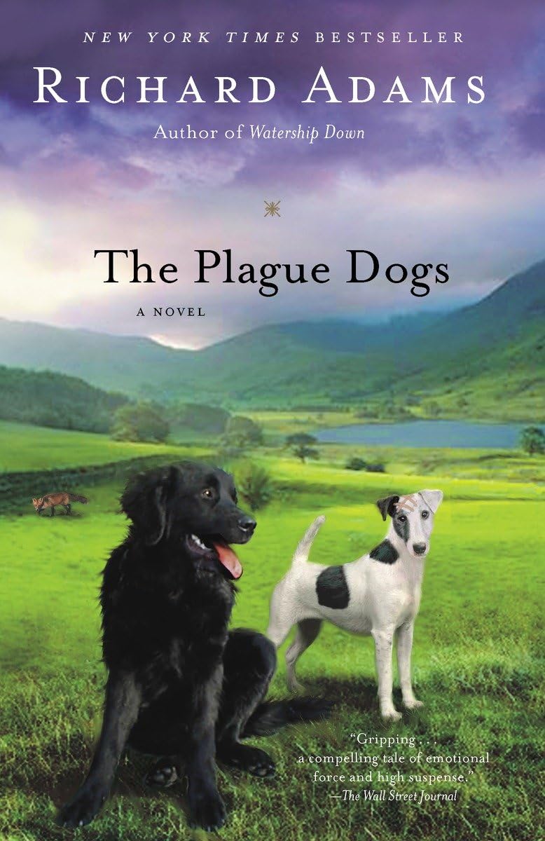 Book cover of 'The Plague Dogs' by Richard Adams with two dogs in a pastoral setting.