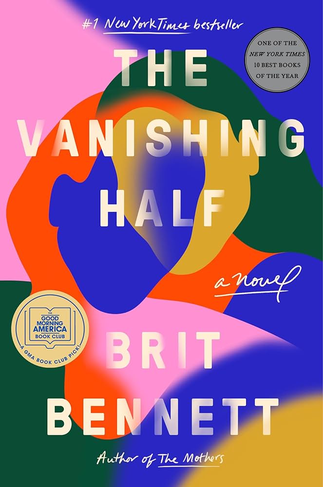 Book cover of 'The Vanishing Half' by Brit Bennett with abstract shapes and colors.