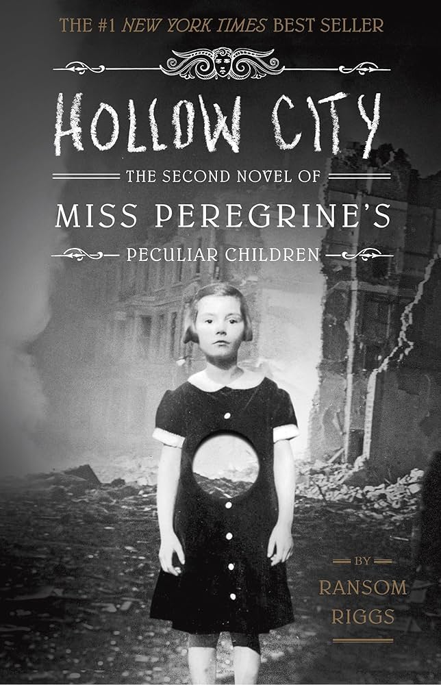 Book cover of 'Hollow City' by Ransom Riggs featuring a girl in a black dress with a visible scar.
