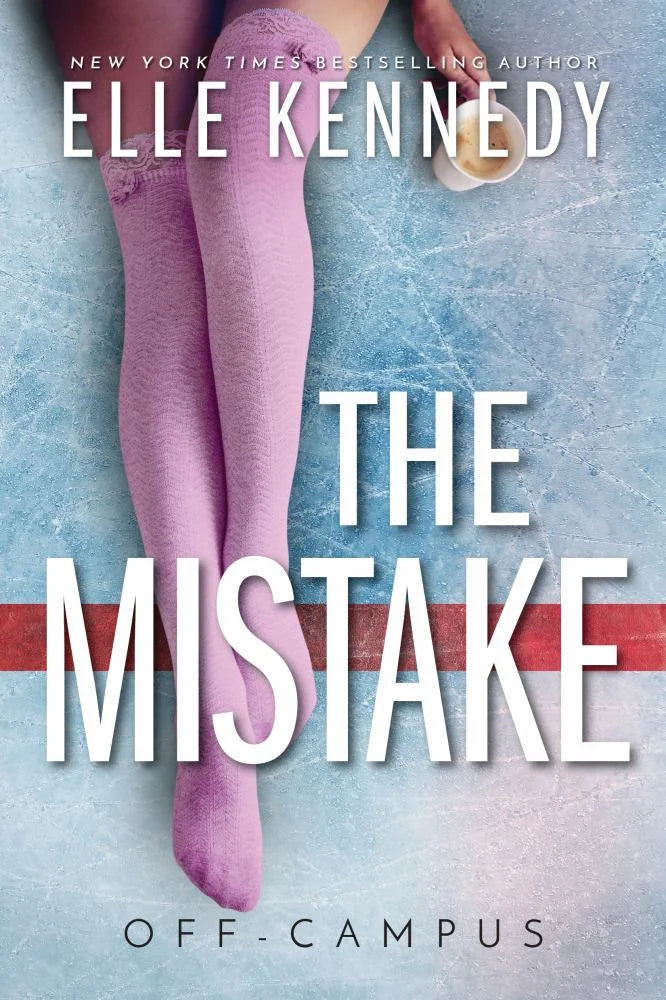 Book cover of 'The Mistake' by Elle Kennedy with a person wearing pink knee-high socks on a light blue background.