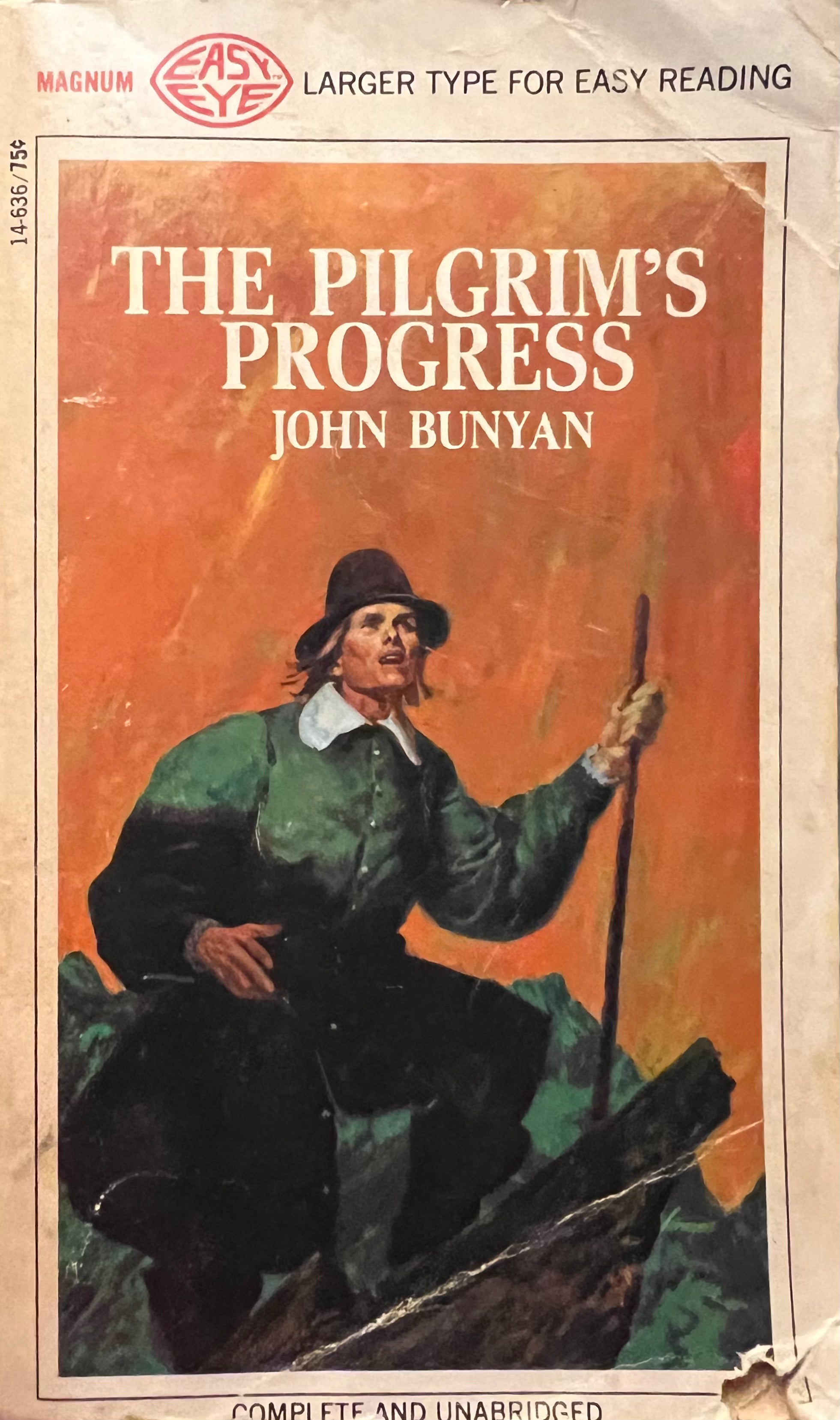 Book cover of 'The Pilgrim's Progress' by John Bunyan with a person walking on a path.