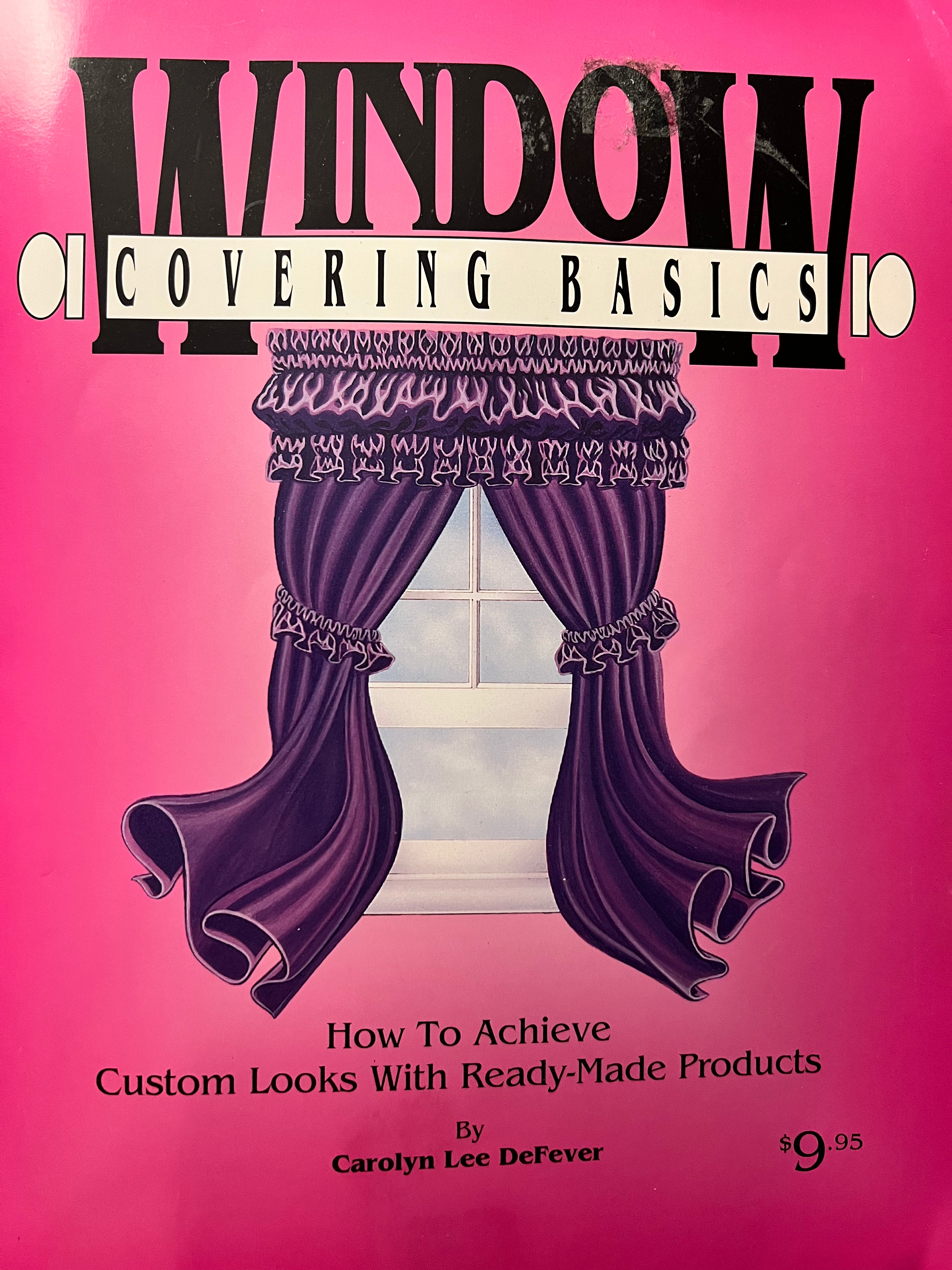 Book cover of 'Window Covering Basics' with purple curtains on a pink background