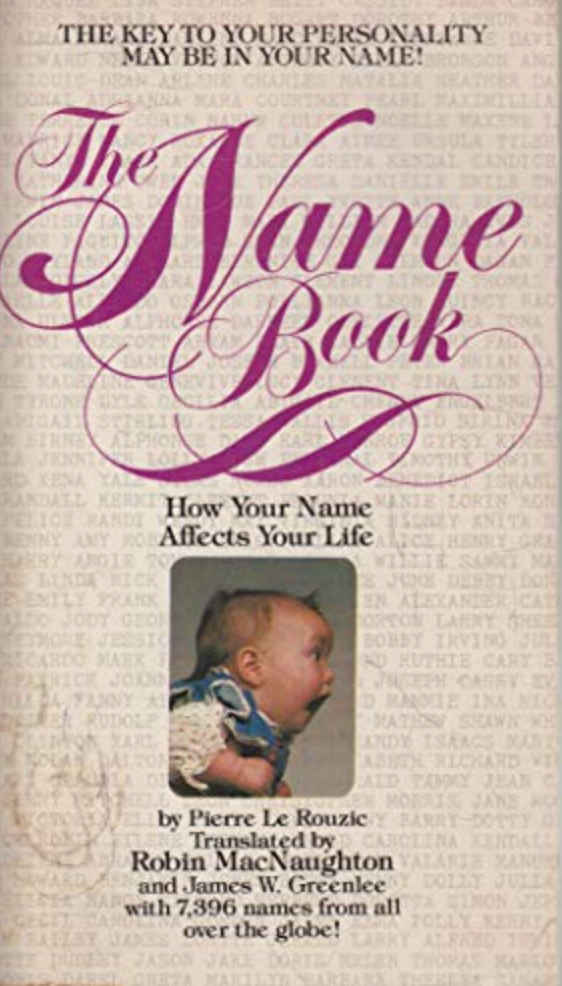 Book cover of 'The Name Book' with a baby illustration and decorative text.