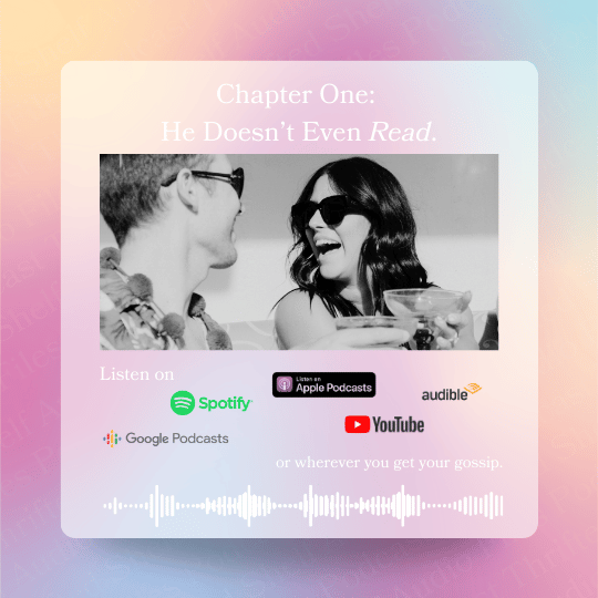 Promotional graphic for a podcast episode with two people talking, featuring music player icons and text on a gradient background.