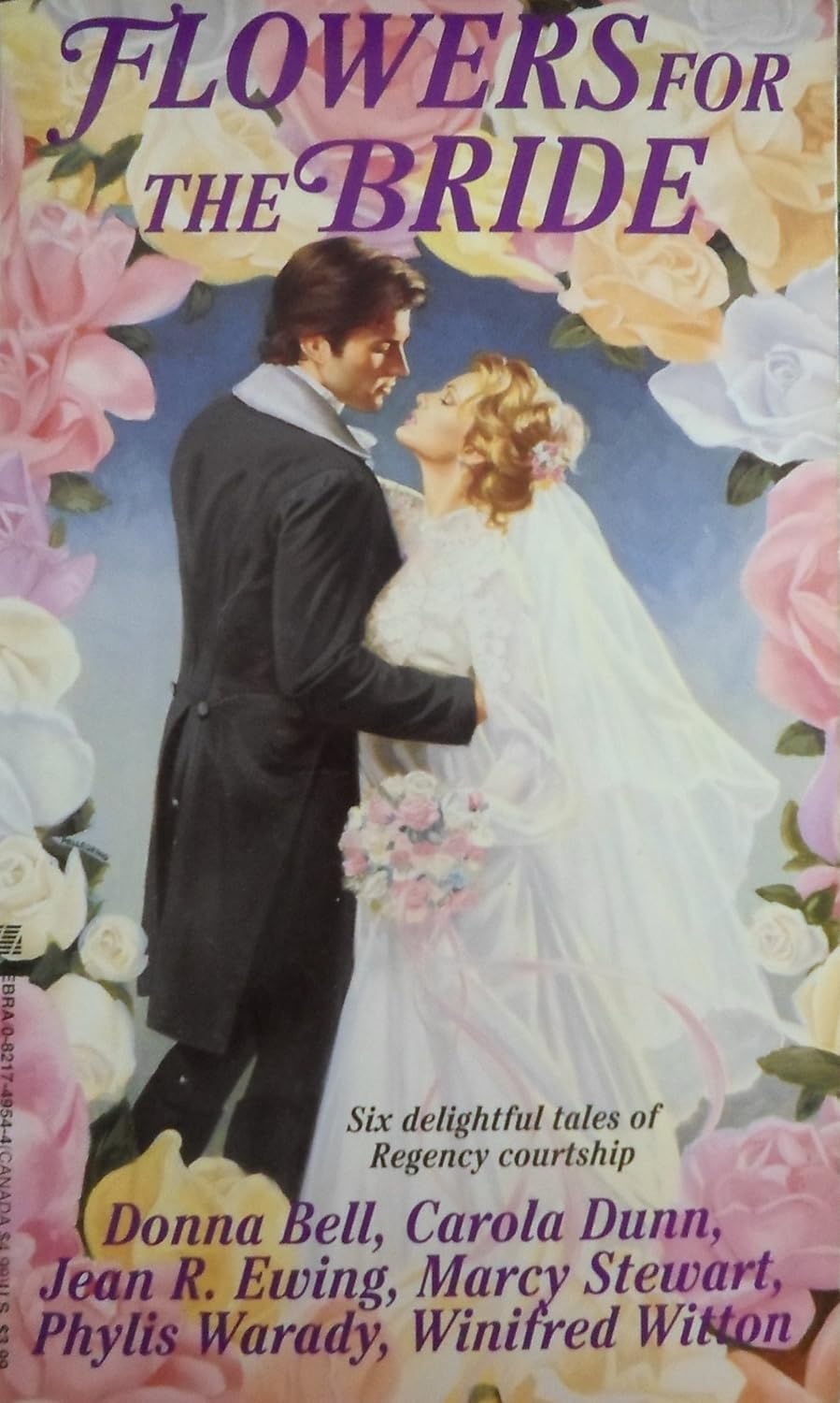 Book cover of 'Flowers for the Bride' with a couple embracing and floral decorations.