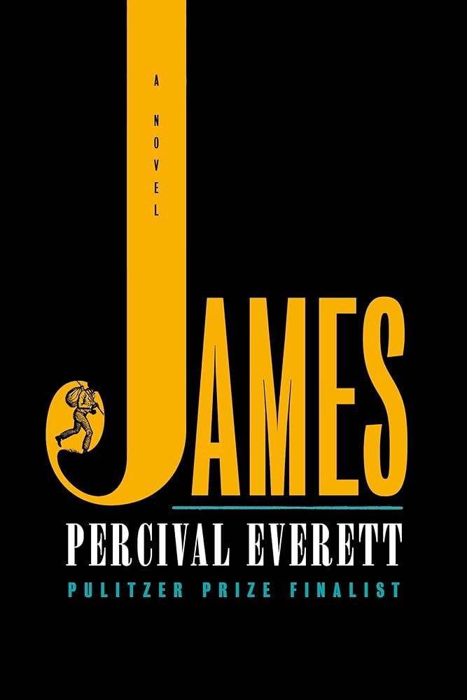 Book cover of 'James' by Percival Everett with a yellow 'J' and black background
