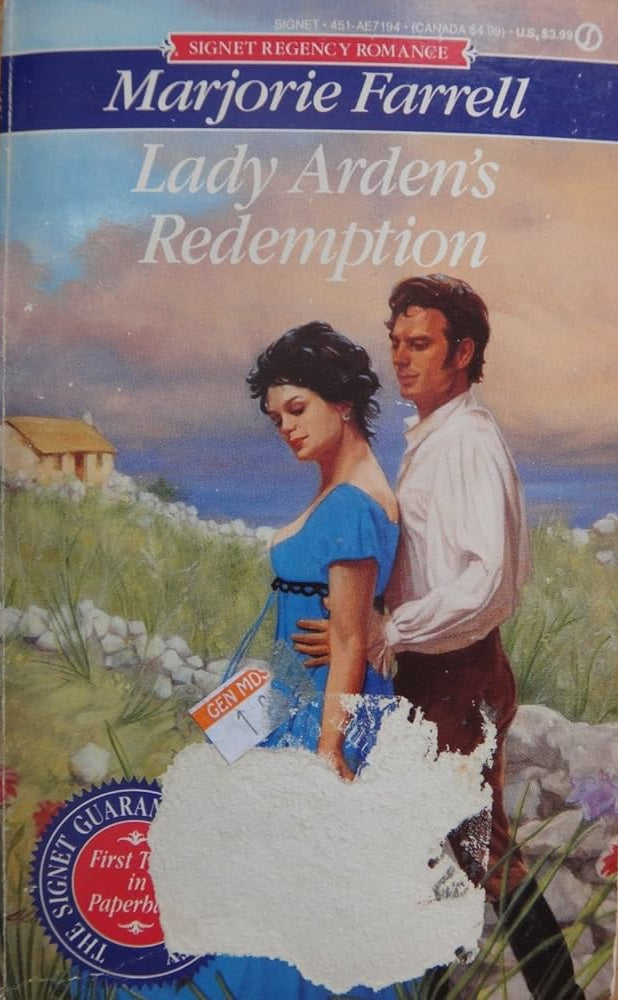 Book cover of 'Lady Arden's Redemption' by Marjorie Farrell with a couple in an outdoor scene.