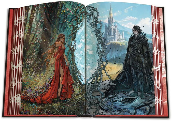Illustrated book open to two pages showing a woman in a red dress and a man in a dark cloak with a castle in the background.