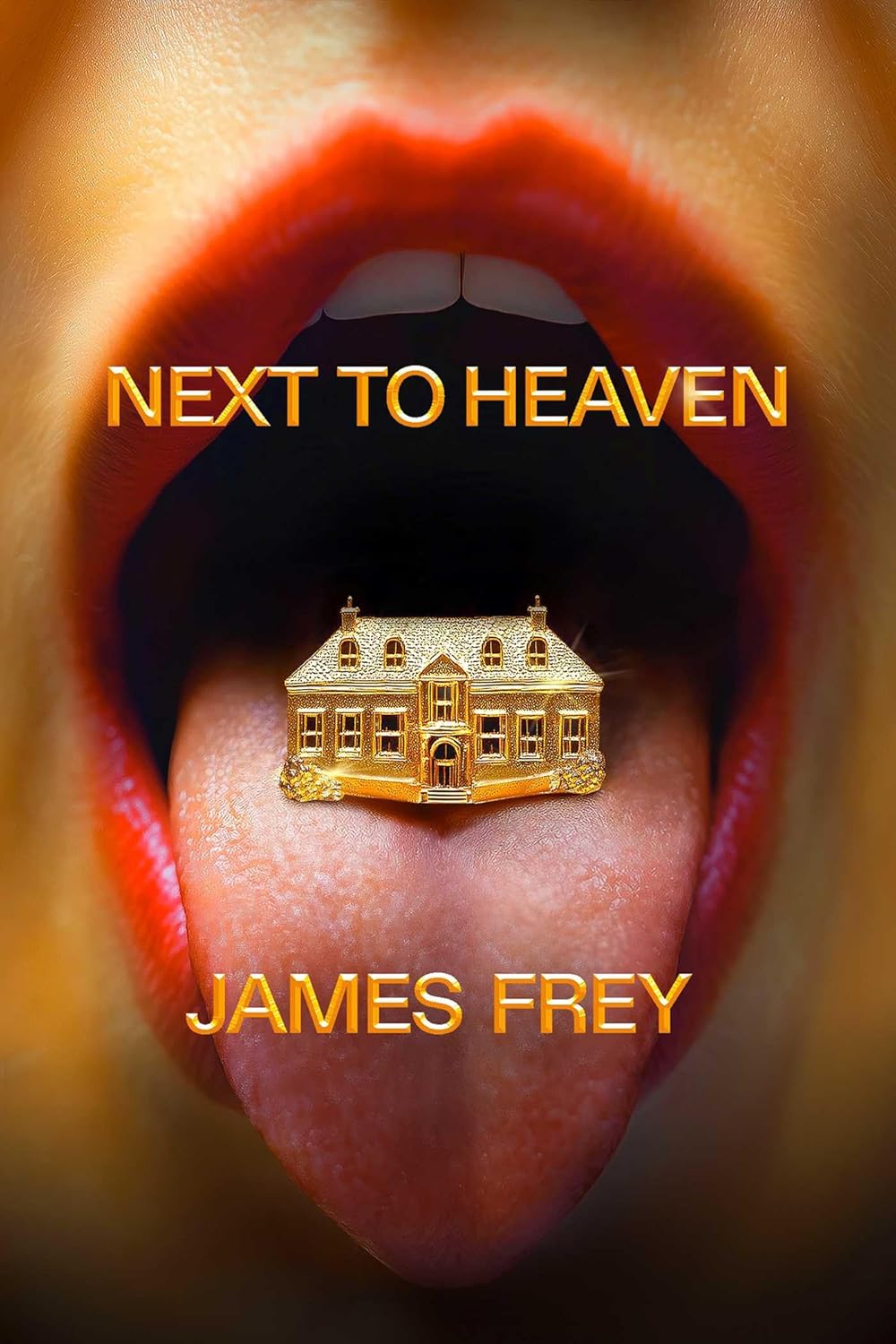 Book cover of 'Next to Heaven' by James Frey with a gold house on a tongue