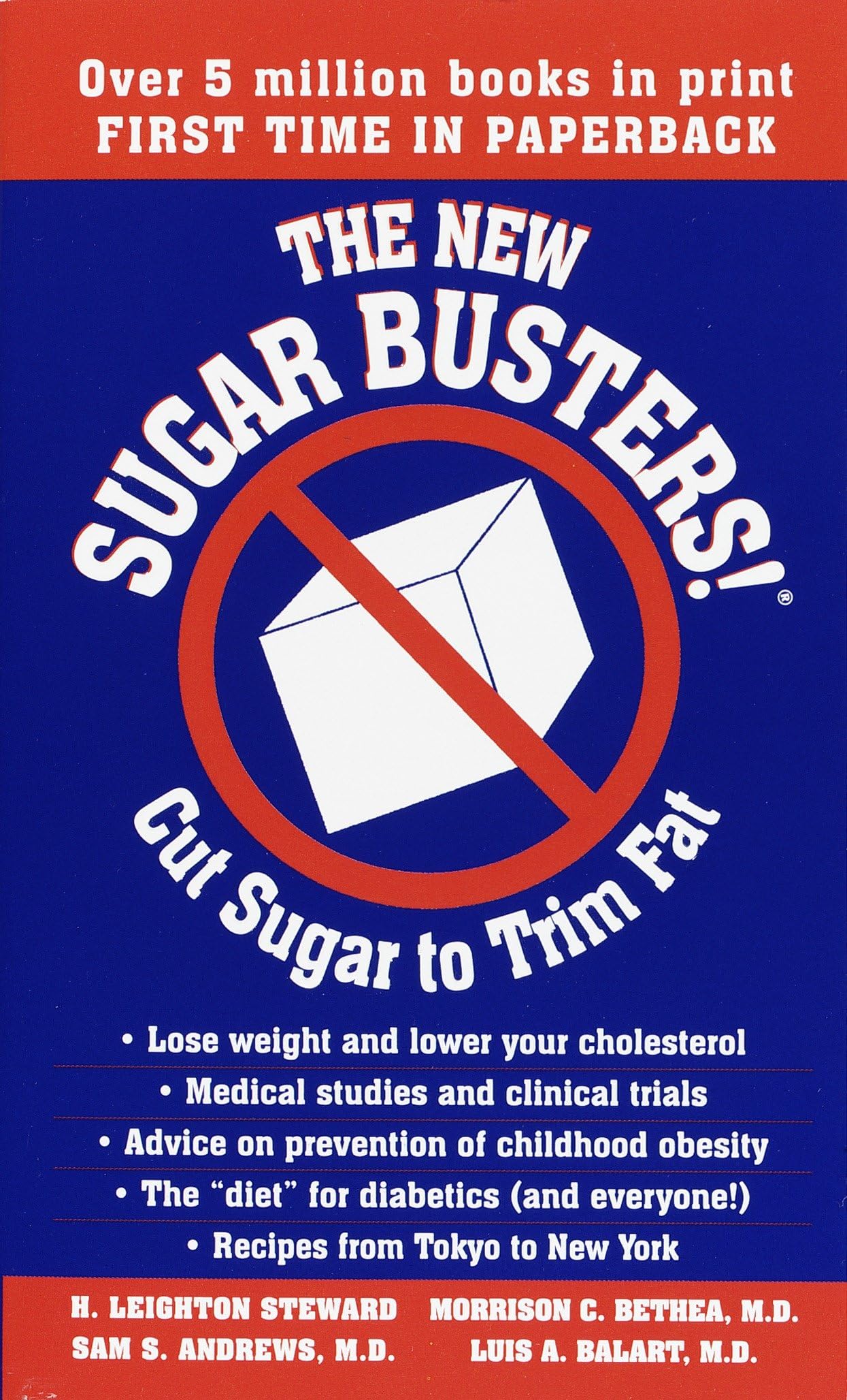 Book cover of 'The New Sugar Busters!' with a blue background and red border.