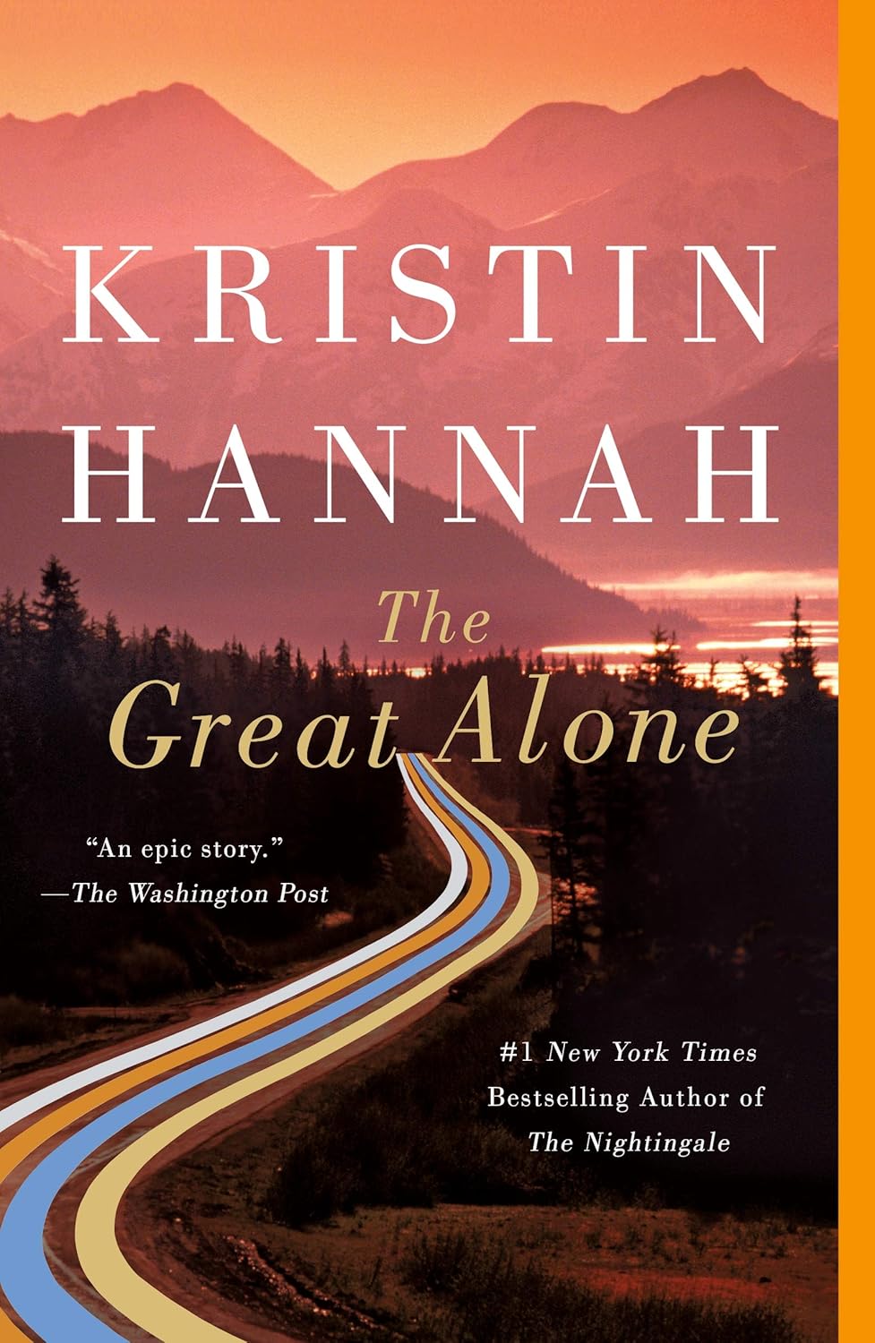 Book cover of 'The Great Alone' by Kristin Hannah with a scenic road and mountains.