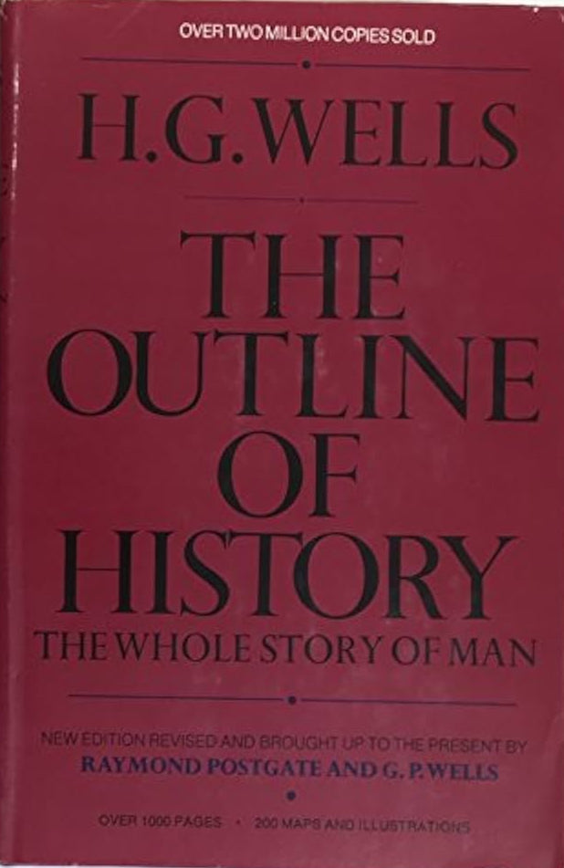 Two red books titled 'The Outline of History' by H.G. Wells on a white background